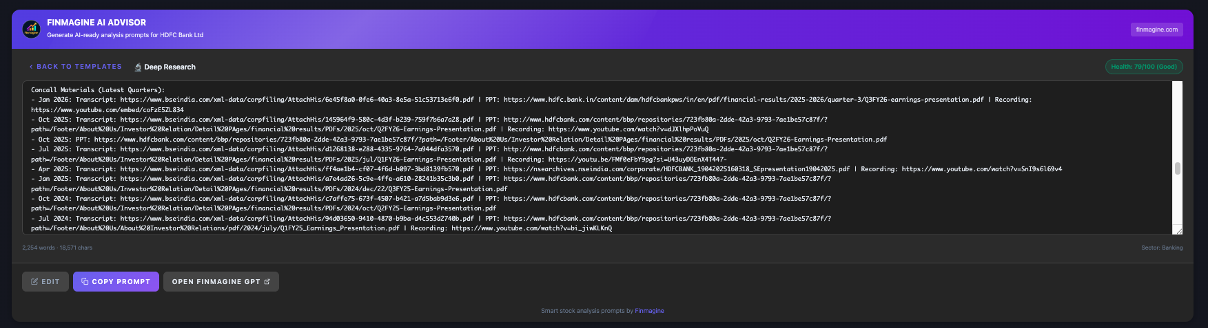 Deep Research prompt generated for HDFC Bank showing concall transcript URLs and document links that the GPT will browse