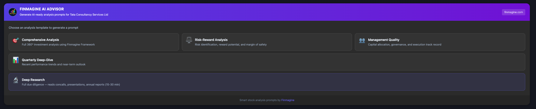 The Finmagine AI Advisor panel showing 5 analysis template cards on TCS company page