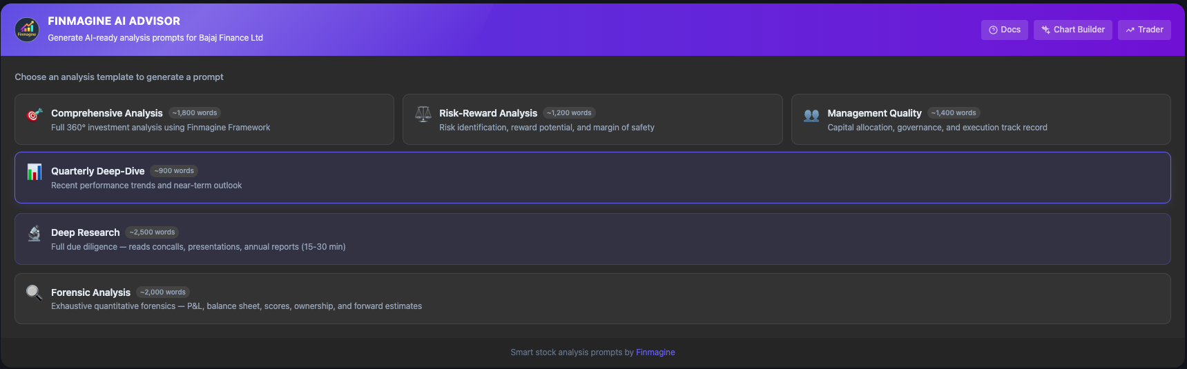Finmagine AI Advisor extension showing 6 analysis templates — Comprehensive, Risk-Reward, Management Quality, Quarterly Deep-Dive, Deep Research, and Forensic Analysis