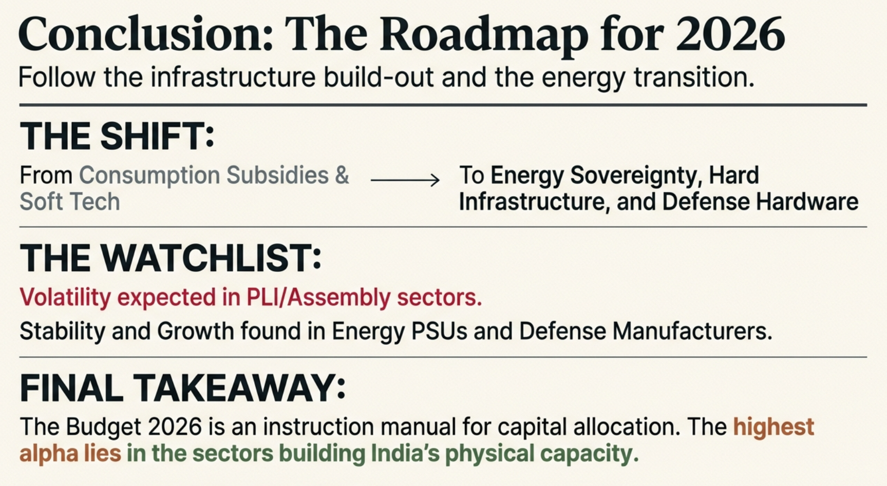 Conclusion: The Roadmap for 2026 - The Shift from Consumption Subsidies to Energy Sovereignty and Hard Infrastructure; Watchlist shows volatility in PLI/Assembly sectors; Final Takeaway: highest alpha in sectors building India's physical capacity