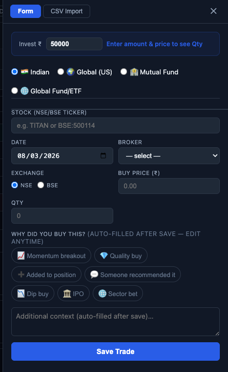 Finmagine Portfolio Manager — Add Trade drawer showing the Why did you buy this? textarea and 7 thesis category chips below the brokerage charges section