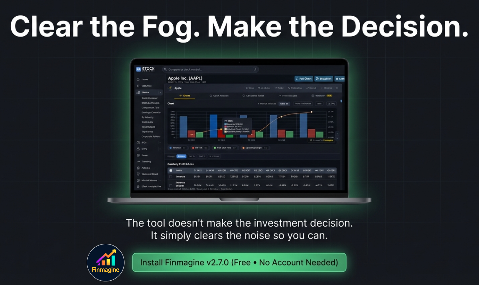 Clear the Fog. Make the Decision. — Finmagine v2.7.0 CTA showing the extension in action on Apple Inc. stock page, free to install, no account needed