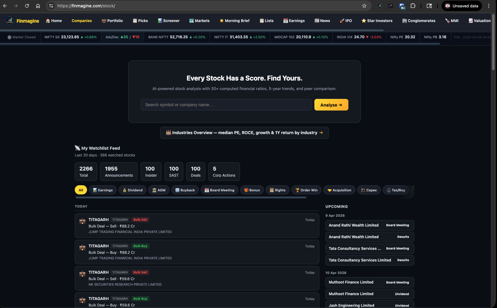 Finmagine My Watchlist Feed full page view showing stats bar, 15 filter tabs, date-grouped feed items for watchlisted stocks, and an Upcoming events sidebar
