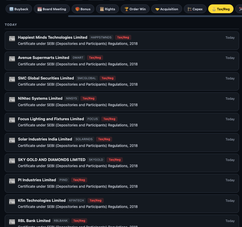 Finmagine Feed Tax/Reg filter showing regulatory compliance filings under SEBI Depositories and Participants Regulations for multiple companies