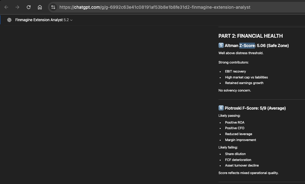 Amazon AMZN Forensic Analysis result showing Altman Z-Score 5.06 Safe Zone and Piotroski F-Score 5/9 Neutral