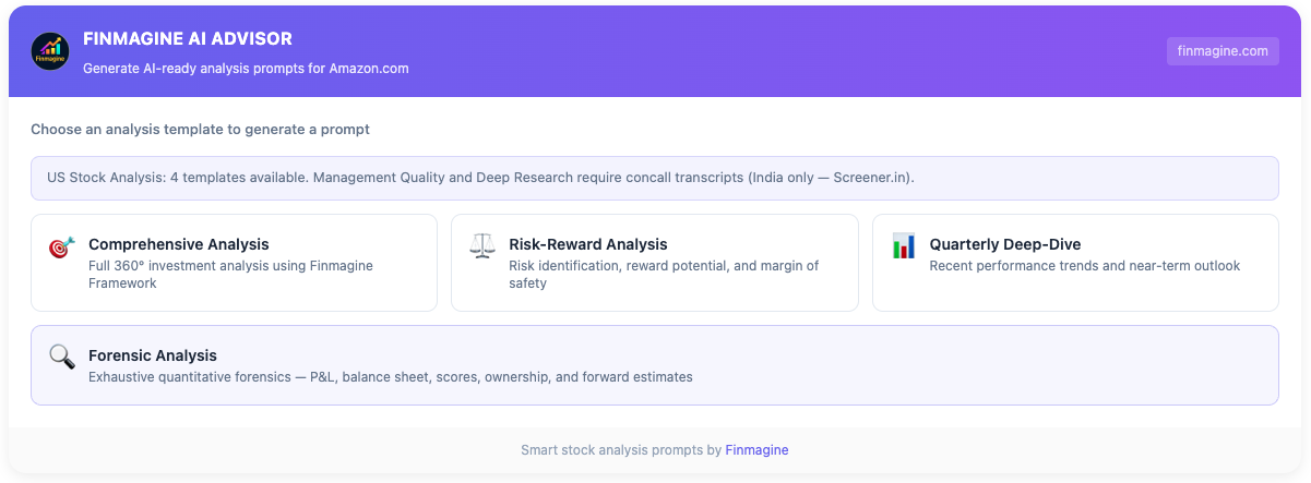 All four US stock templates in the Finmagine AI Advisor panel showing Forensic Analysis Comprehensive Risk-Reward and Quarterly Deep-Dive cards