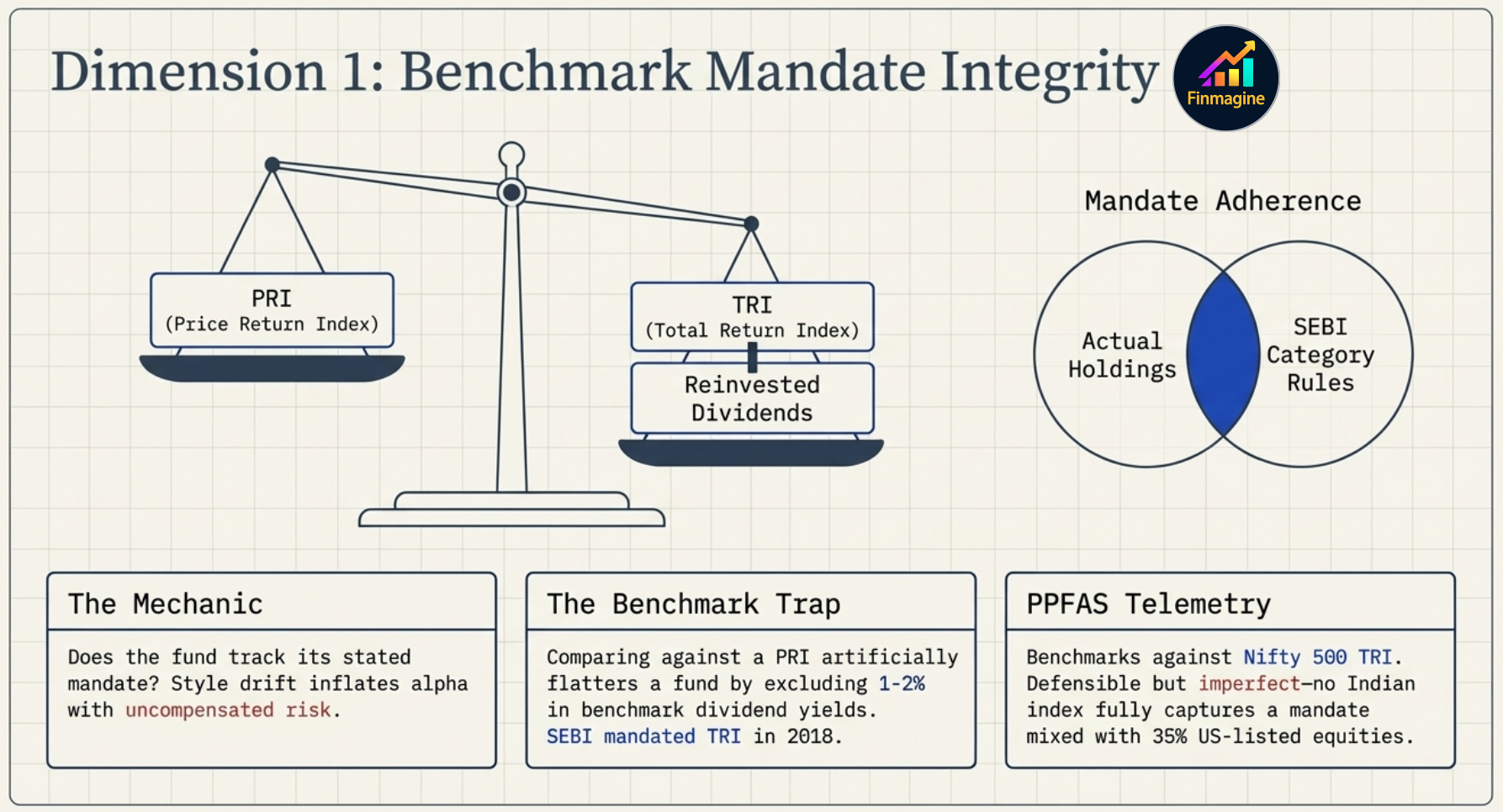 Dimension 1: Benchmark Mandate Integrity — PRI vs TRI scale, mandate adherence Venn diagram, PPFAS telemetry