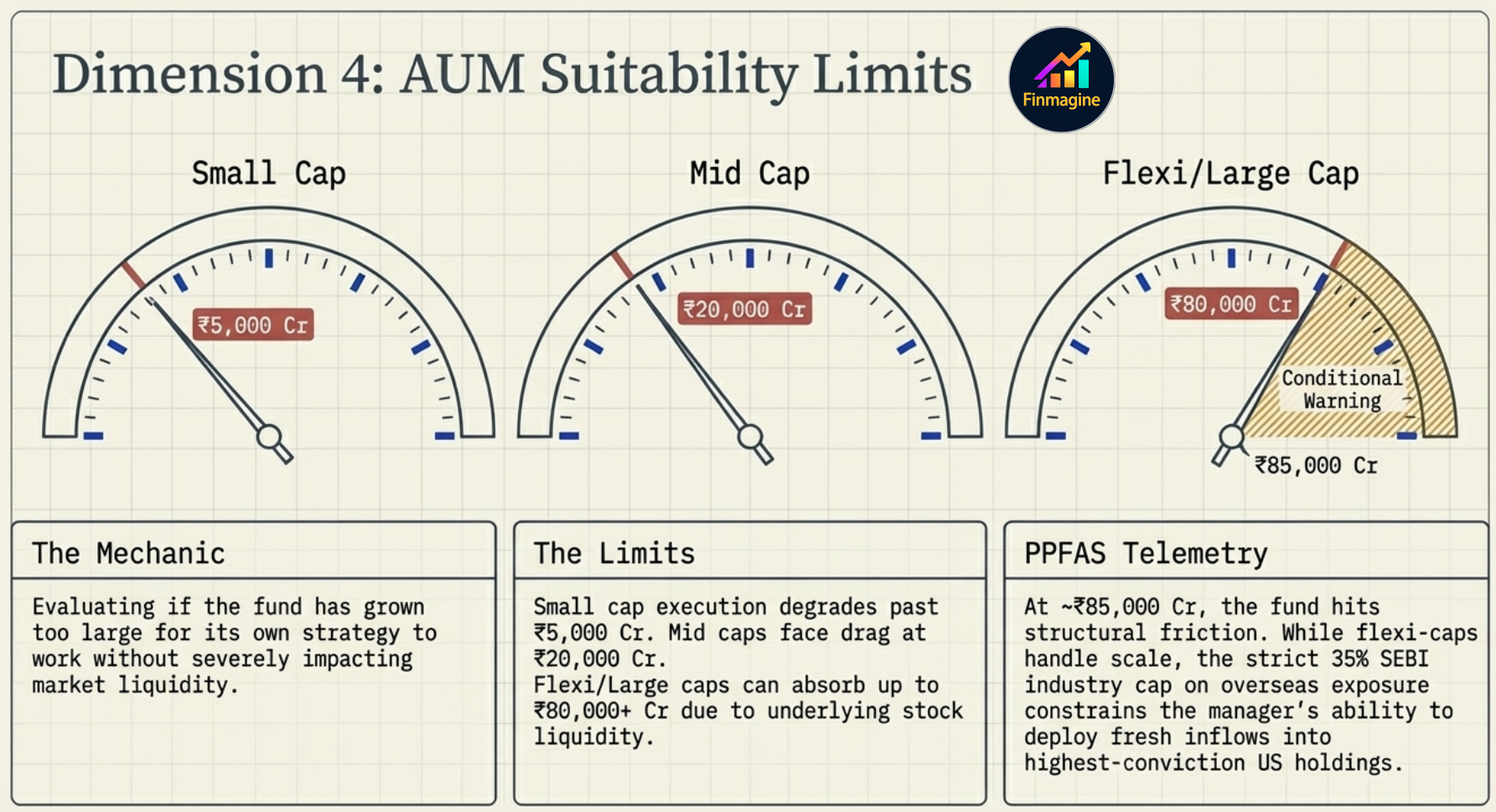 Dimension 4: AUM Suitability Limits — speedometer dials for small cap, mid cap, and flexi/large cap thresholds