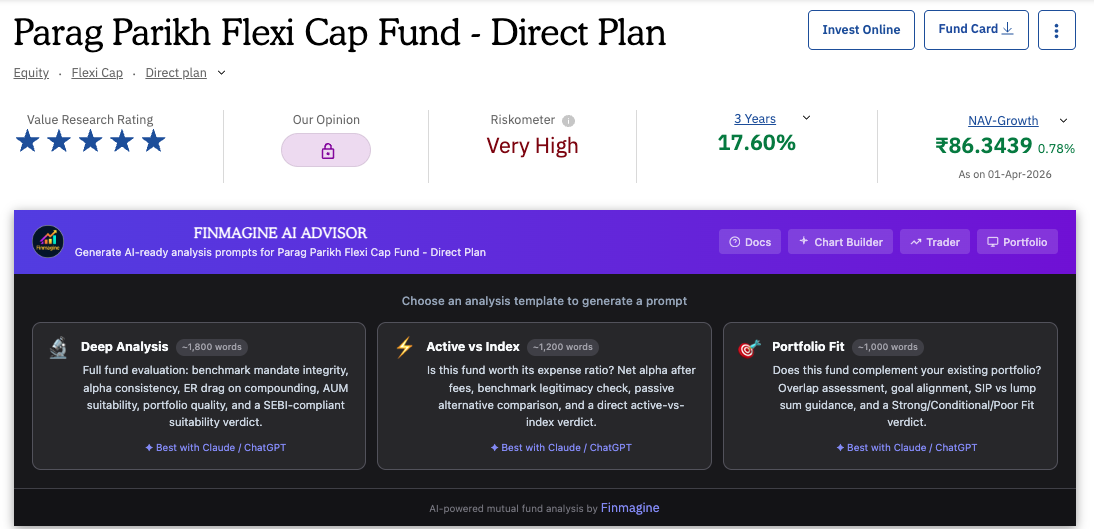 PPFAS Flexi Cap Fund on VRO with Finmagine panel showing three template buttons