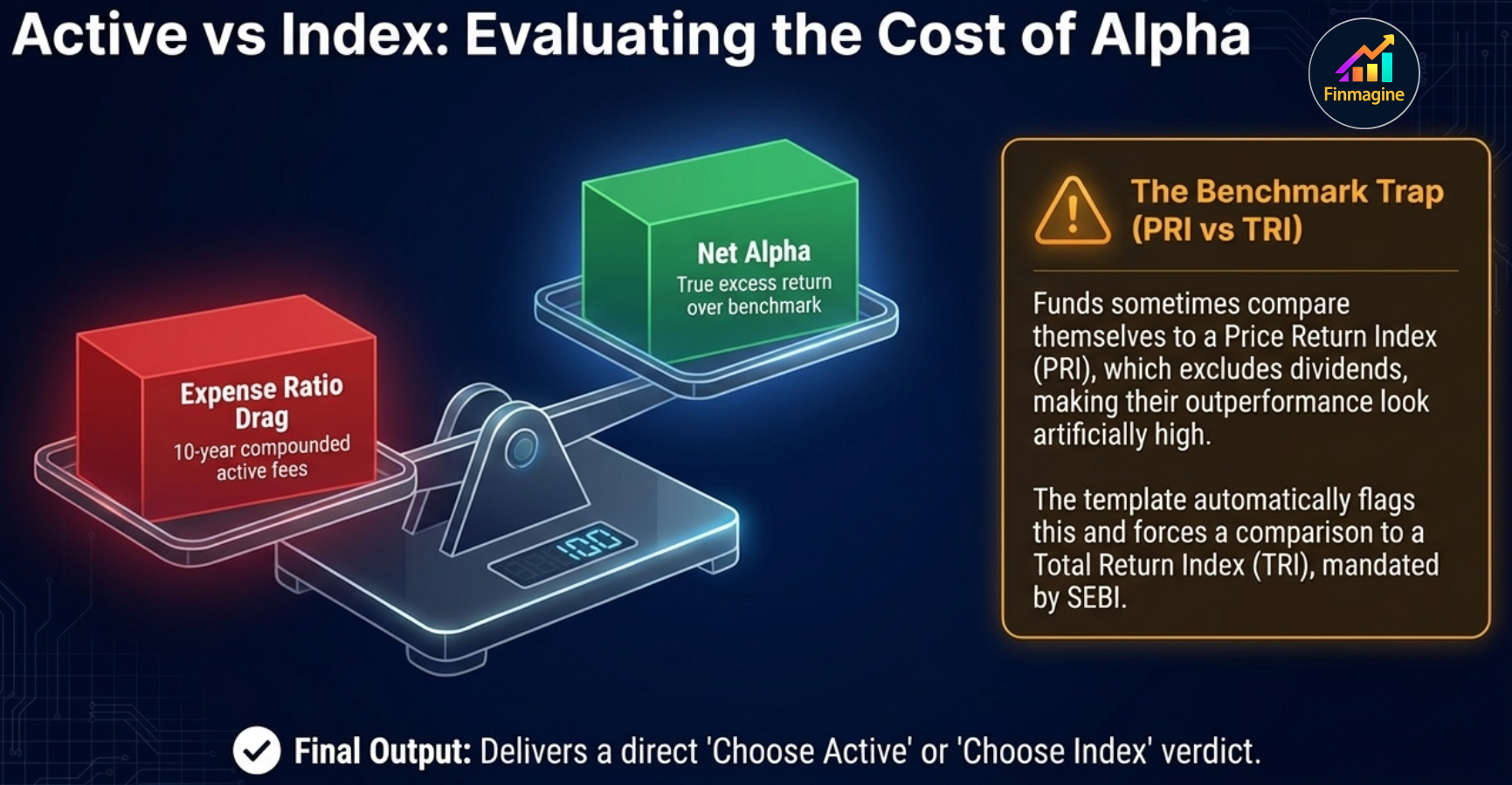 Active vs Index: Evaluating the Cost of Alpha — scale weighing Expense Ratio Drag against Net Alpha, with the TRI vs PRI benchmark trap callout