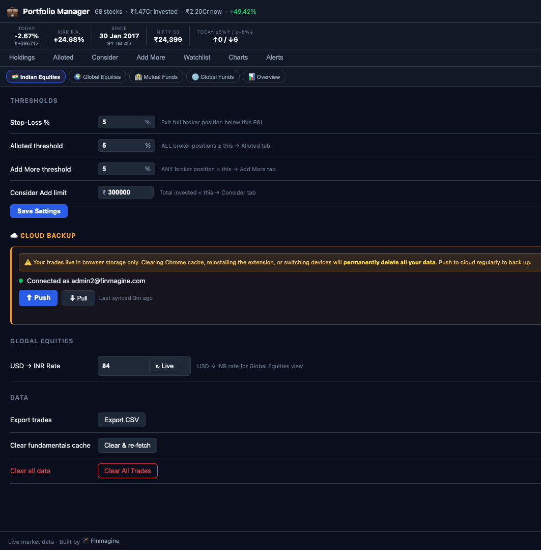 Finmagine Portfolio Manager Settings — USD/INR rate, stop-loss threshold, Consider threshold, broker configuration