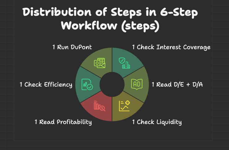 6-Step Analysis Workflow wheel — six segments: Check Interest Coverage, Read D/E + D/A, Check Liquidity, Read Profitability, Check Efficiency, Run DuPont — color-coded in green, yellow, and red