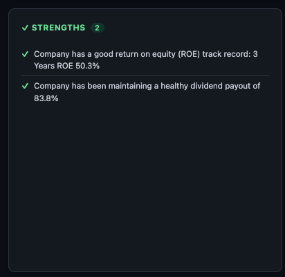 AI-generated Strengths card showing multi-year ROE, margin, and debt metrics as validated positives