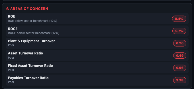 Areas of Concern panel showing ratios rated Poor with sector benchmark comparisons