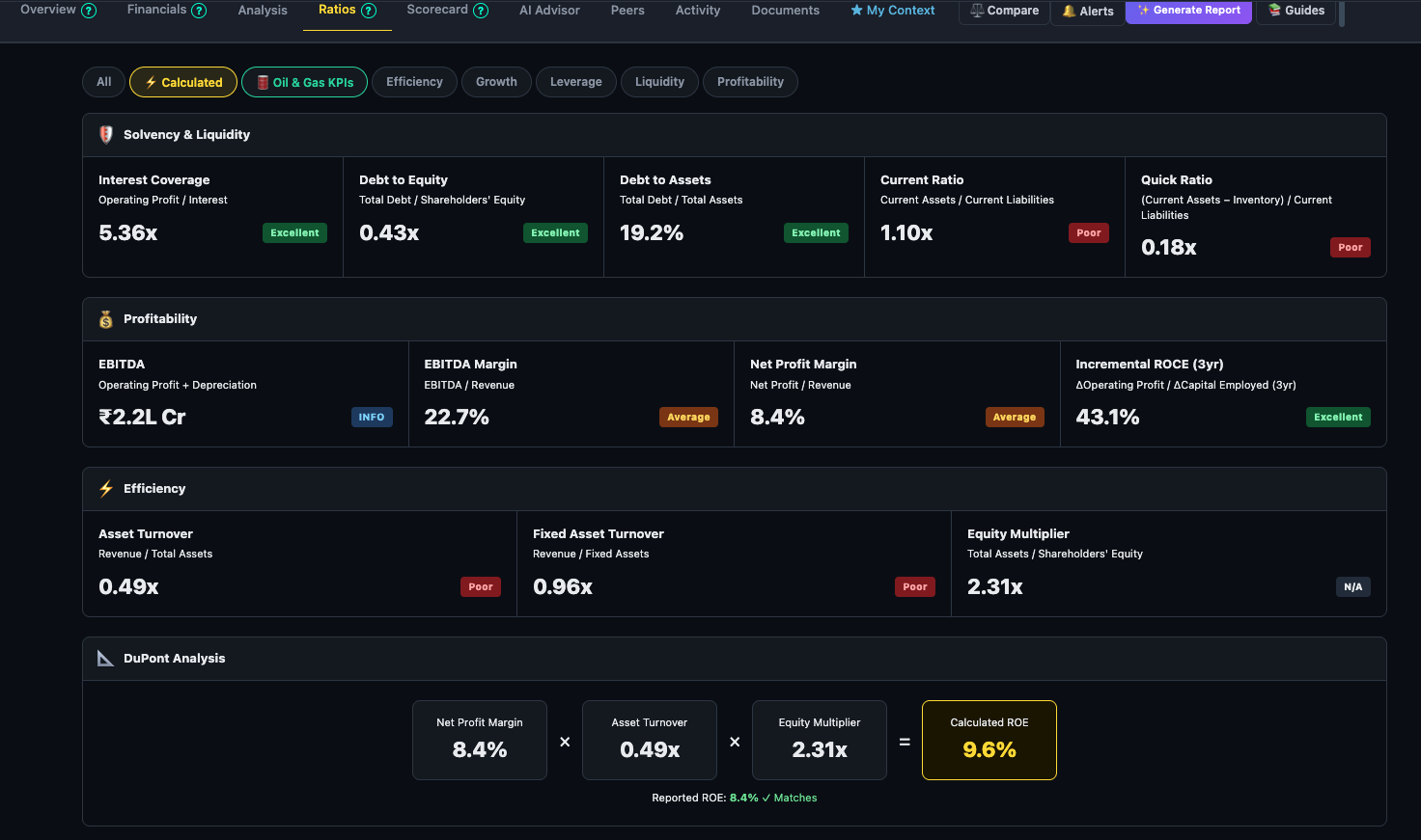 Calculated ratios sub-tab showing grouped ratio cards — Solvency & Liquidity, Profitability, Efficiency, DuPont Analysis