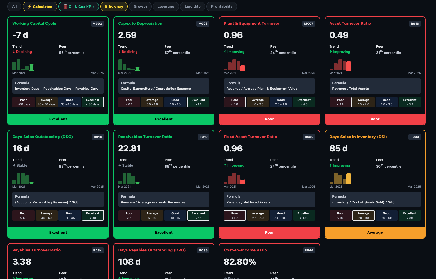 Efficiency ratio cards showing trend sparklines, peer percentiles, formulas, and threshold ranges for each ratio