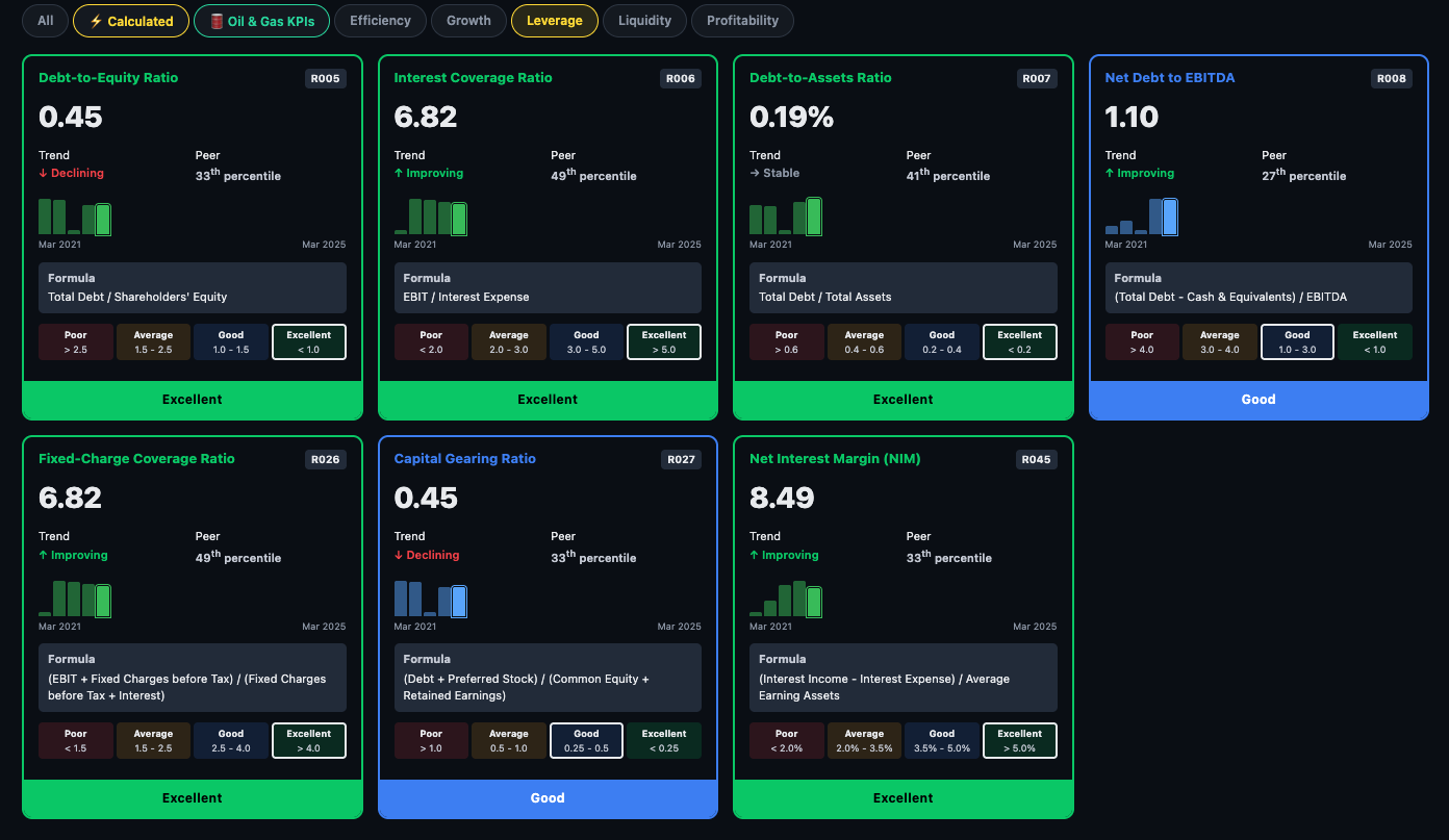 Leverage ratio cards — Debt-to-Equity 0.45 Excellent, Interest Coverage 6.82 Excellent, Debt-to-Assets 0.19% Excellent, Net-Debt to EBITDA 1.10 Good, Finance Charge Coverage 6.82 Excellent, Dividend Payout 0.45 Good, NIM 8.49 Excellent