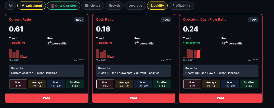 Liquidity ratio cards — Current Ratio 0.61 Poor, Cash Ratio 0.18 Poor, Operating Cash Flow Ratio 0.24 Poor