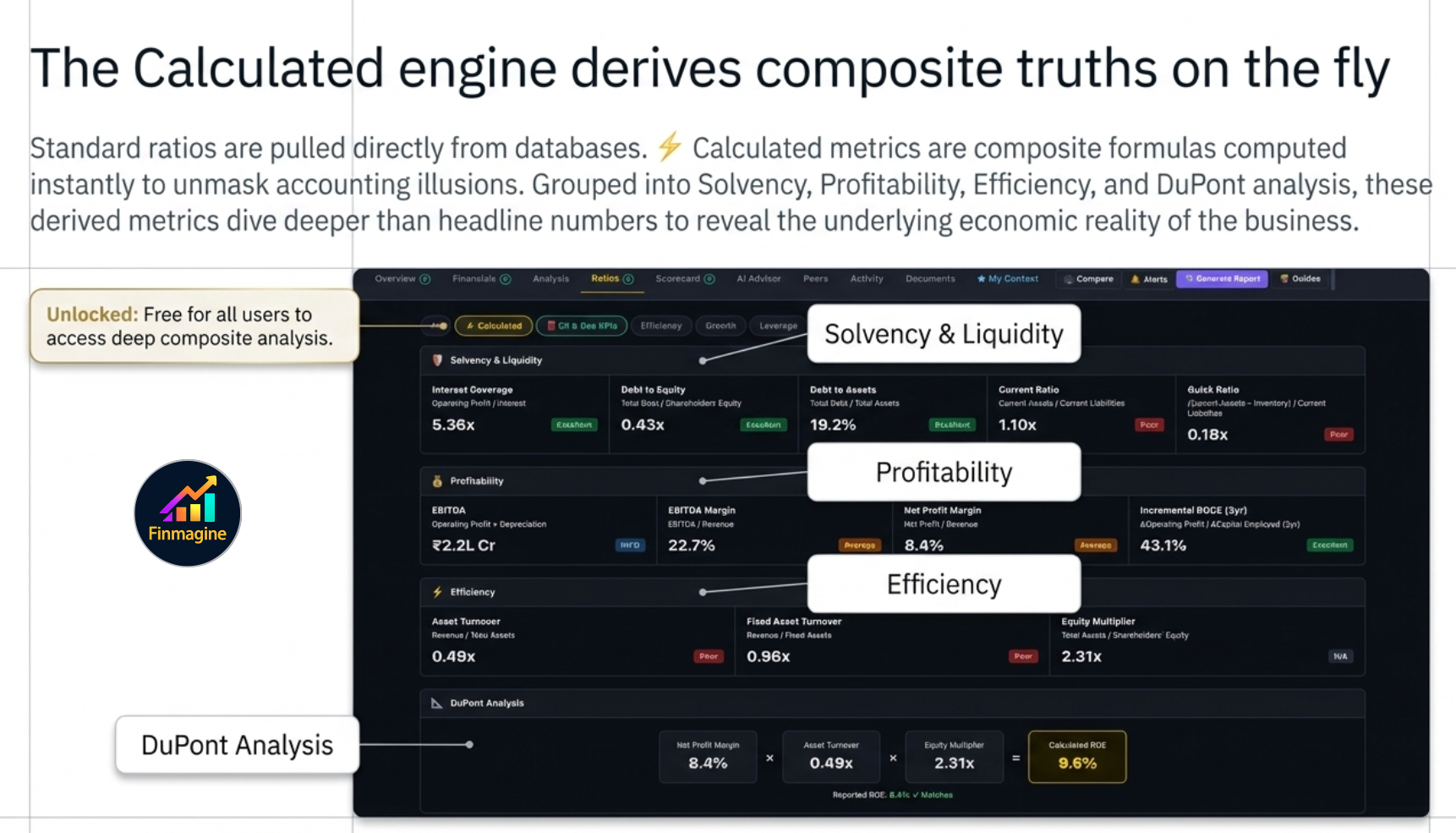 Calculated sub-tab UI — Solvency & Liquidity, Profitability, Efficiency groups and DuPont Analysis section, all unlocked for free users