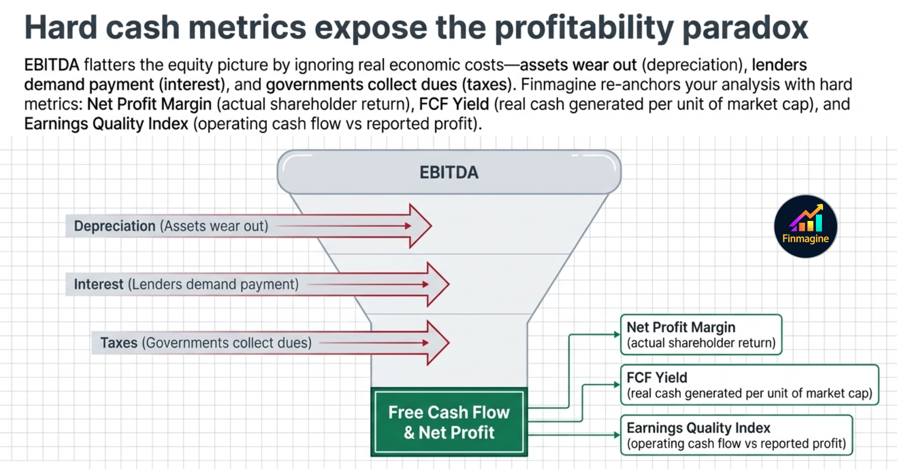 EBITDA profitability paradox — depreciation, interest, and taxes are real costs stripped out by EBITDA; Finmagine re-anchors analysis with Net Profit Margin, FCF Yield, and Earnings Quality Index