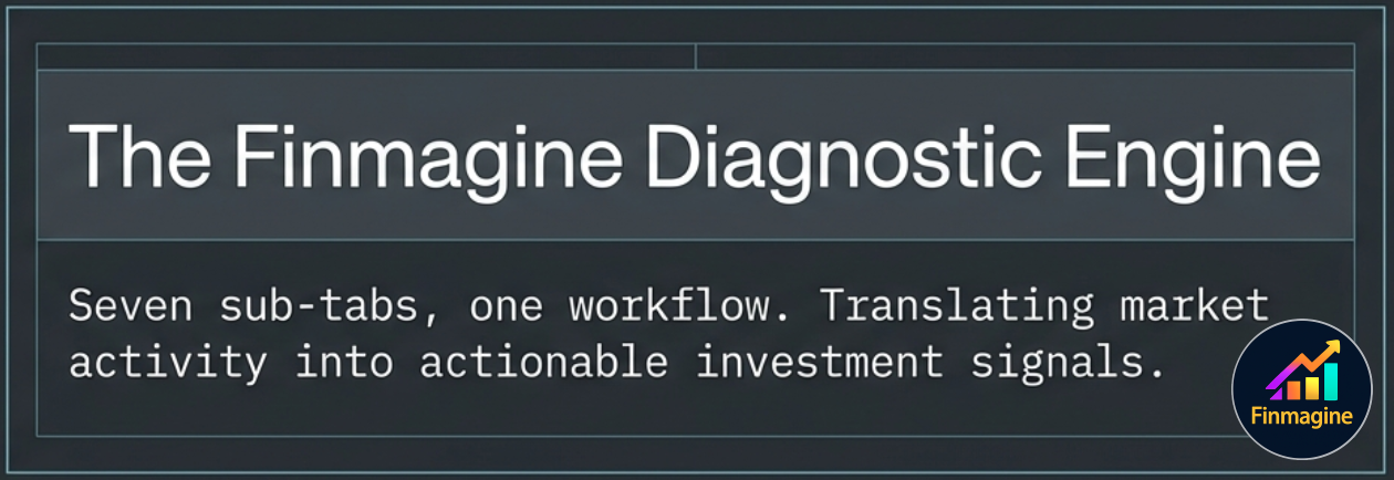 Finmagine Activity tab 7-step institutional workflow overview showing all seven sub-tabs as a connected analytical sequence
