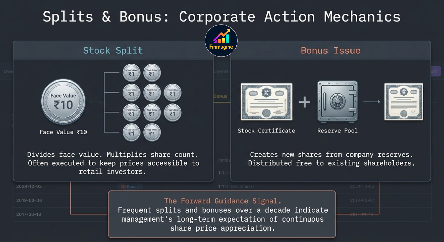 Finmagine stock Activity tab open showing the complete layout with all seven sub-tabs visible in a single interface
