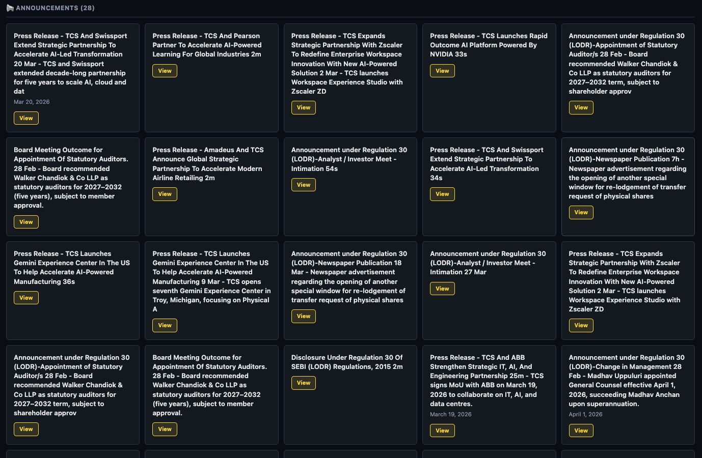 Announcements section showing 19 cards for TCS — press releases, LODR filings, board meeting outcomes, analyst/investor meet disclosures