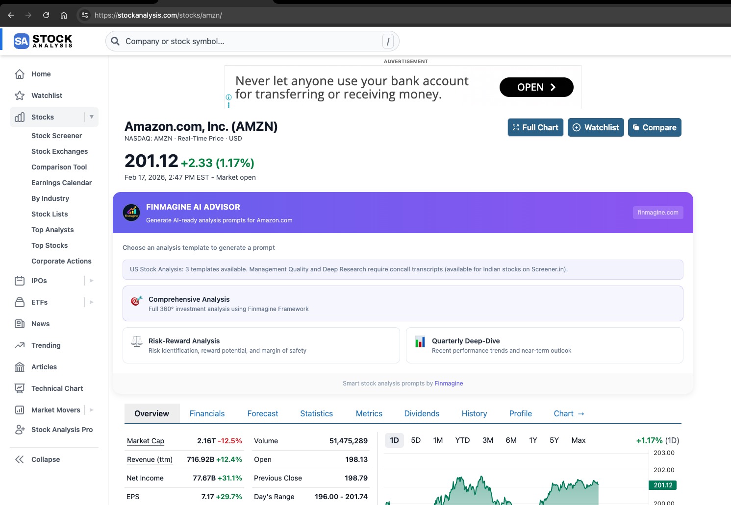 Finmagine AI Advisor panel on Amazon's stockanalysis.com page showing three template cards