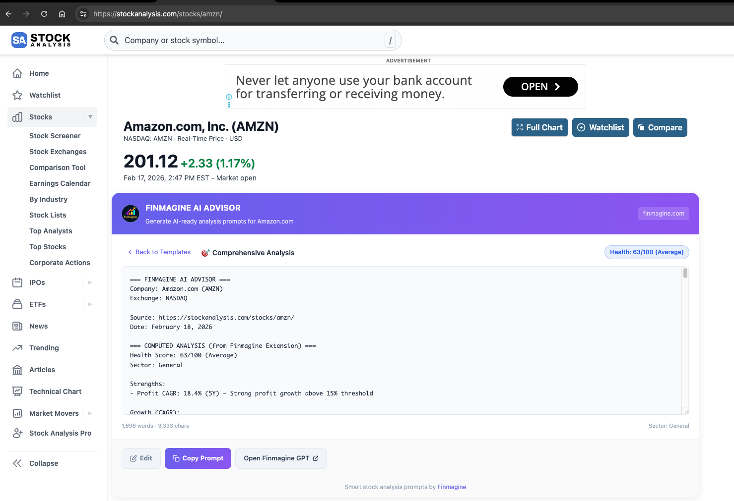 Amazon comprehensive analysis prompt generated by Finmagine AI Advisor