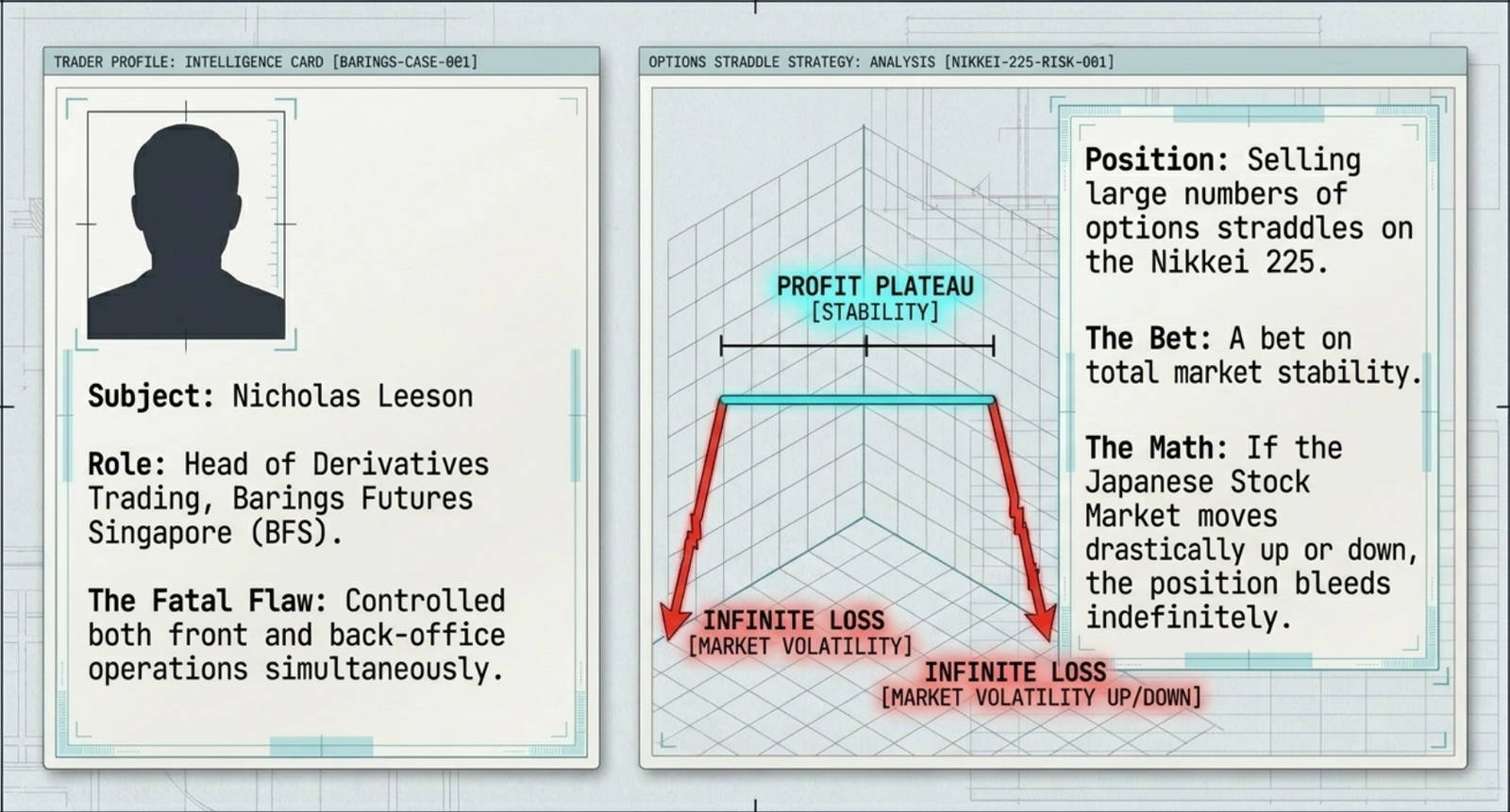Barings collapse timeline: Kobe earthquake β Nikkei 225 falls β straddle losses mount β Leeson buys massive Nikkei futures β SGX-DT and OSE fail to cross-check β Barings bankrupt
