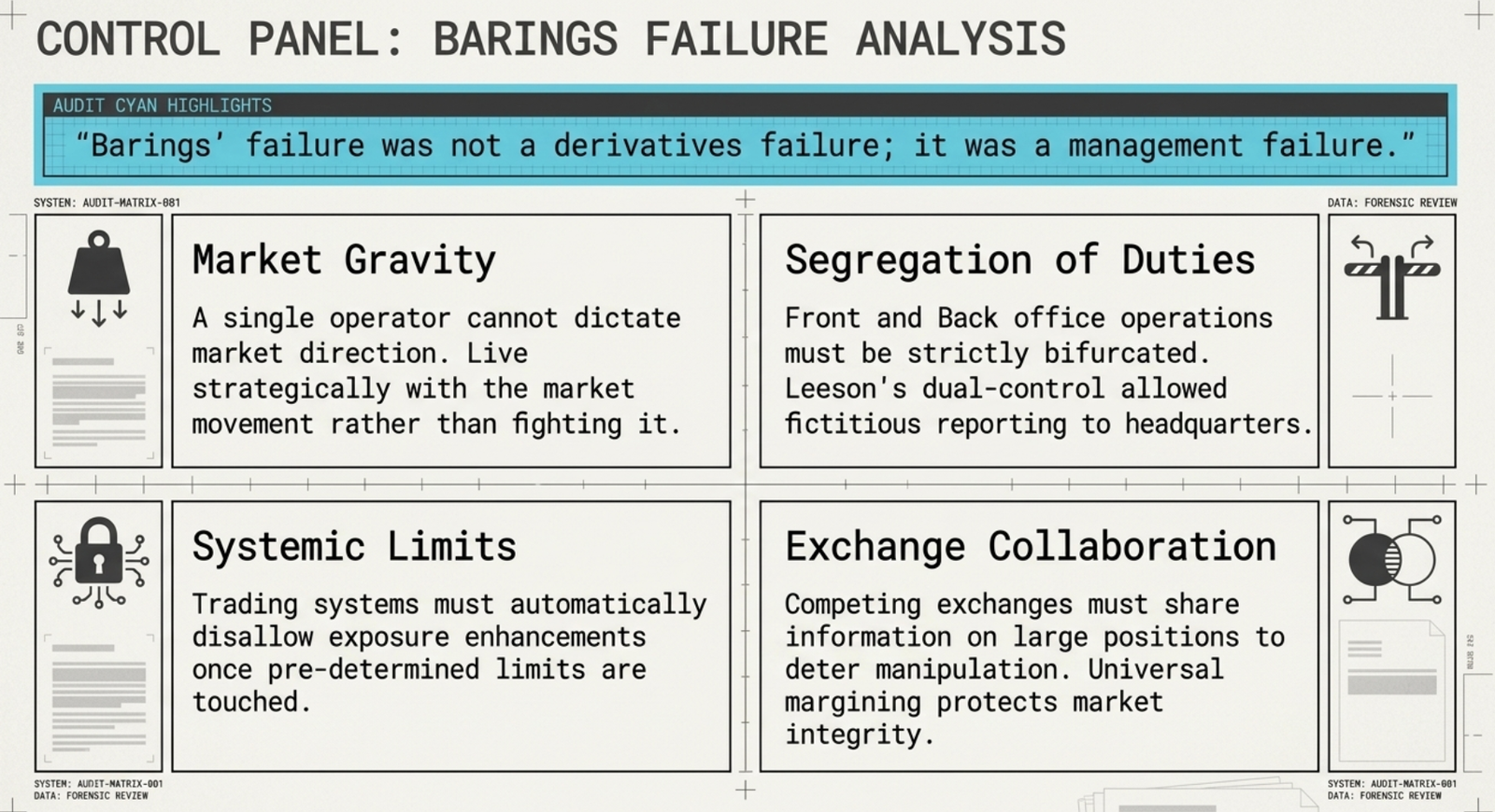 Barings lessons 3β5: meticulous limit monitoring requires front/back office separation; exchanges must share information on large positions; universal margins apply to institutions and individuals alike