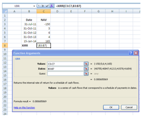 Excel XIRR calculation showing CAGR for multiple cash flows
