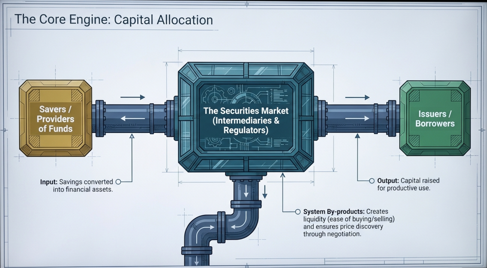 The Core Engine: Capital Allocation β Savers flow through Securities Market to Issuers