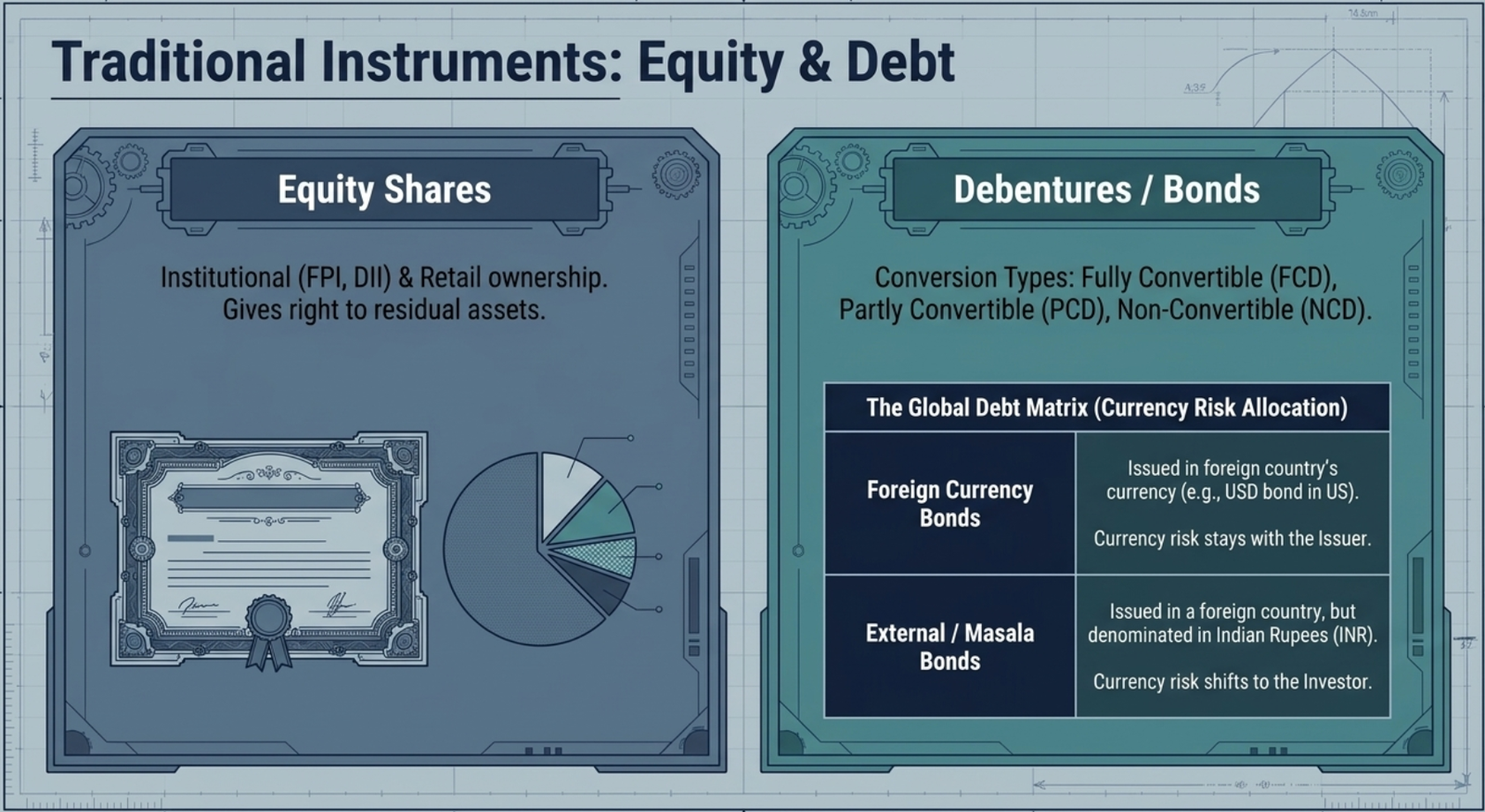Traditional Instruments: Equity & Debt β share certificate vs debenture conversion types and global debt currency-risk matrix