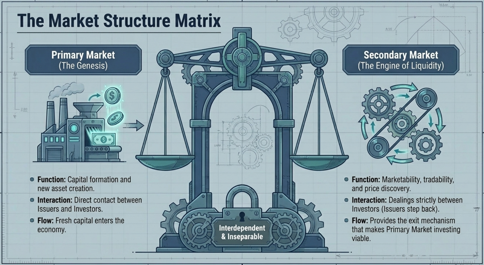 The Market Structure Matrix: Primary Market (genesis) vs Secondary Market (engine of liquidity)