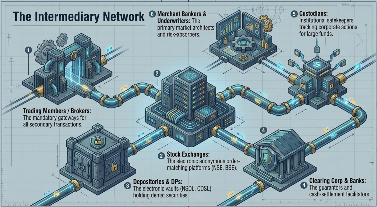 The Intermediary Network: Brokers, Stock Exchanges, Depositories, Clearing Corp & Banks, Custodians, Merchant Bankers