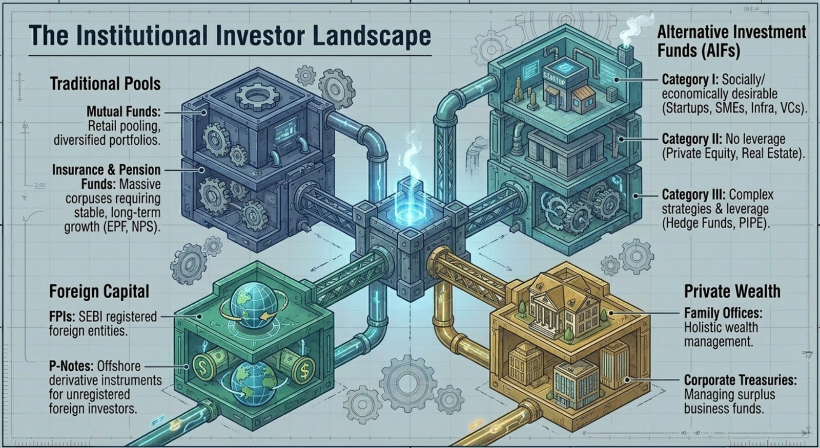 The Institutional Investor Landscape: Mutual Funds, Insurance, FPIs, P-Notes, AIFs (Cat I/II/III), Family Offices, Corporate Treasuries