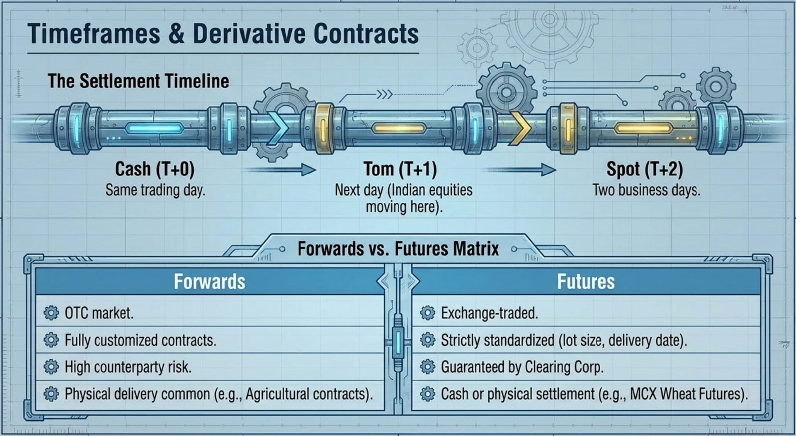 Timeframes & Derivative Contracts: Cash (T+0), Tom (T+1), Spot (T+2) settlement timeline and Forwards vs Futures matrix
