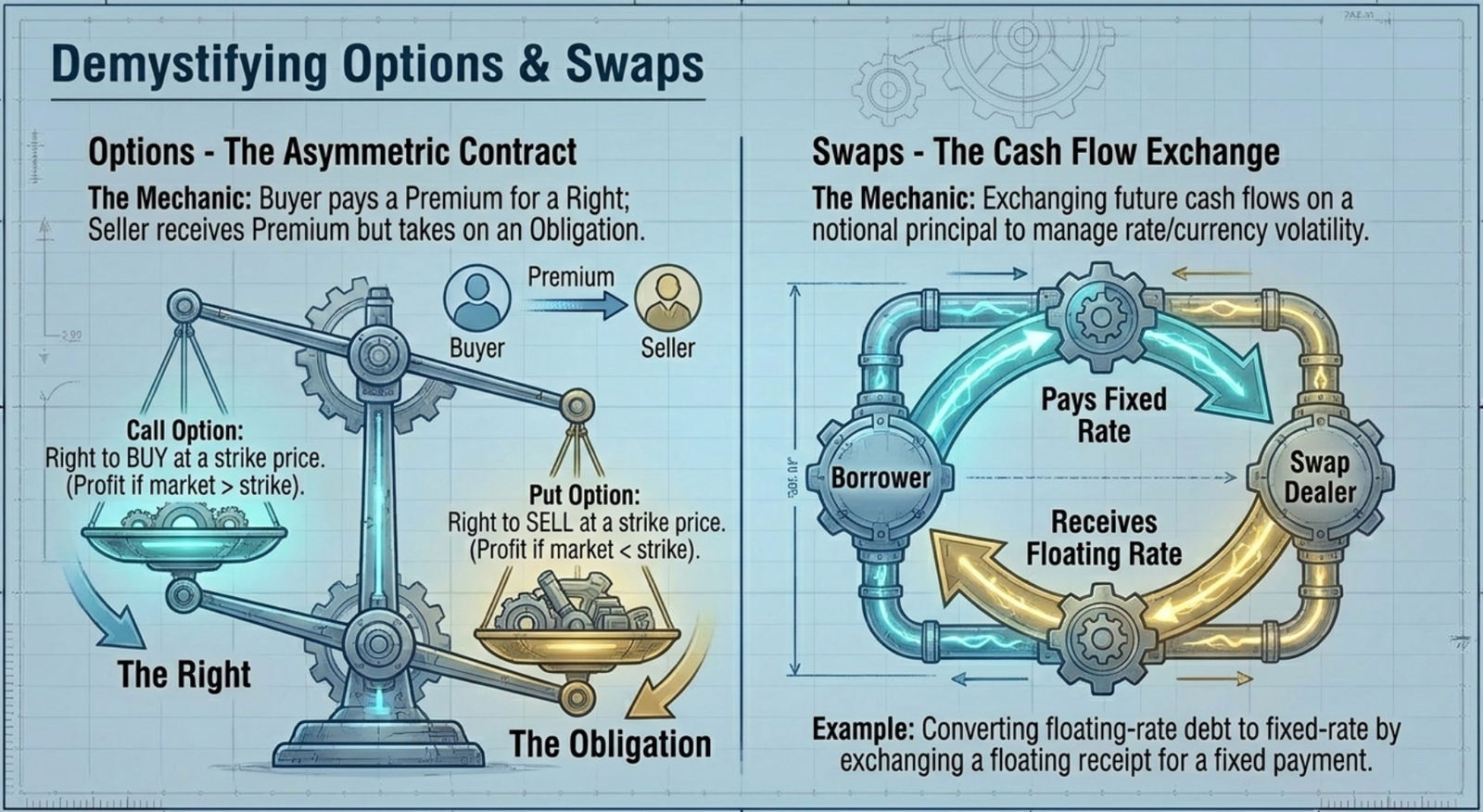 Demystifying Options & Swaps: Call/Put asymmetry and interest-rate swap cash-flow exchange mechanism