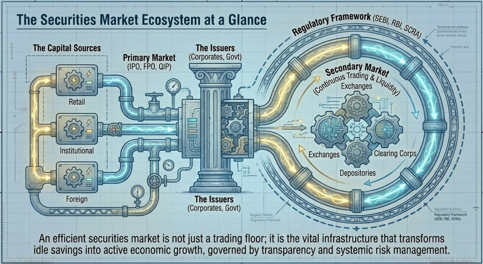 The Securities Market Ecosystem at a Glance: capital sources, primary market, secondary market, exchanges, depositories, clearing corps, all under SEBI/RBI/SCRA framework