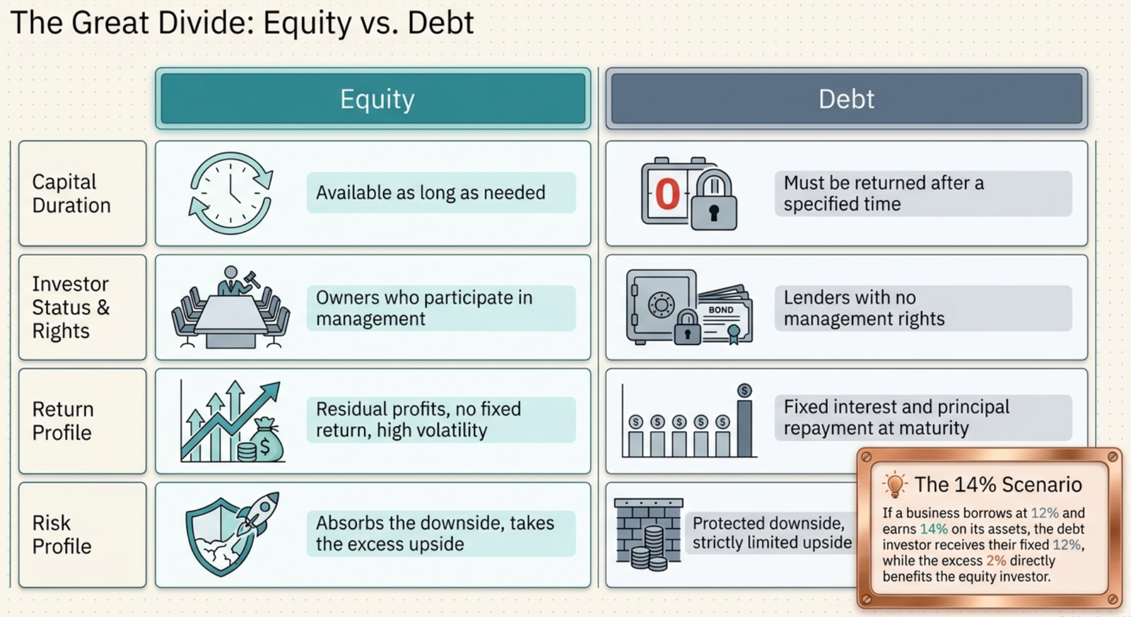 The Great Divide β Equity vs Debt comparison across Capital Duration, Investor Status, Return Profile, Risk Profile