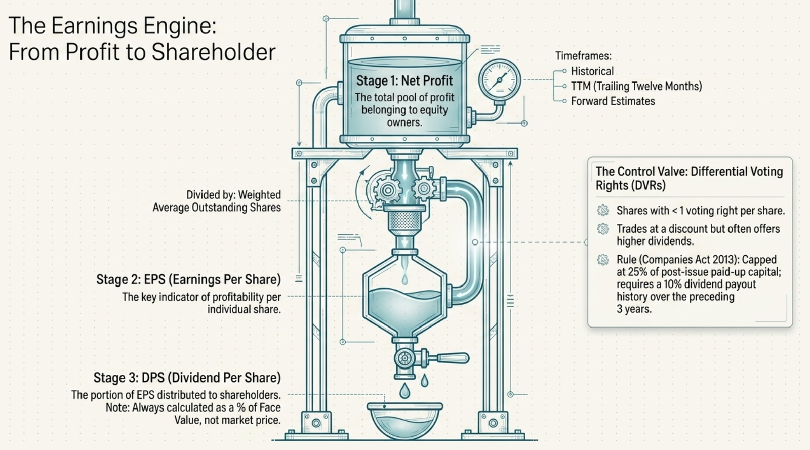 The Earnings Engine β Net Profit to EPS to DPS flow, with Differential Voting Rights explained