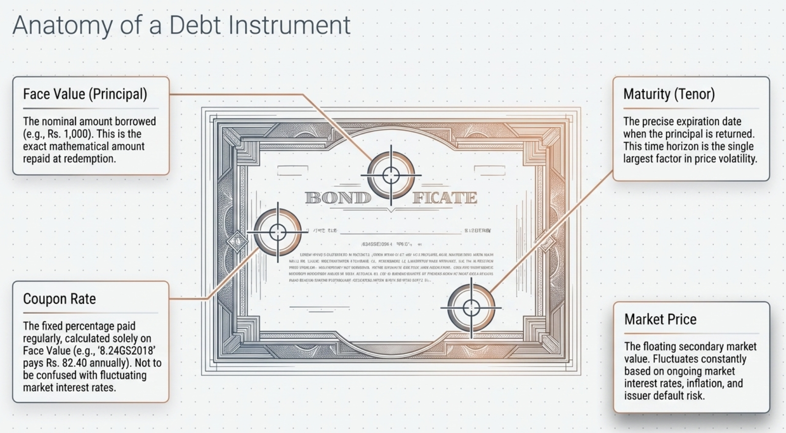 Anatomy of a Debt Instrument β bond certificate annotated with Face Value, Coupon Rate, Maturity/Tenor, and Market Price