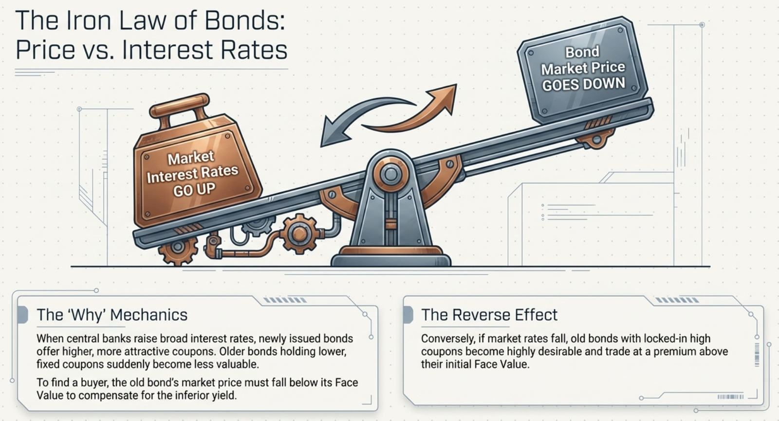 The Iron Law of Bonds β seesaw showing inverse relationship between market interest rates and bond market prices