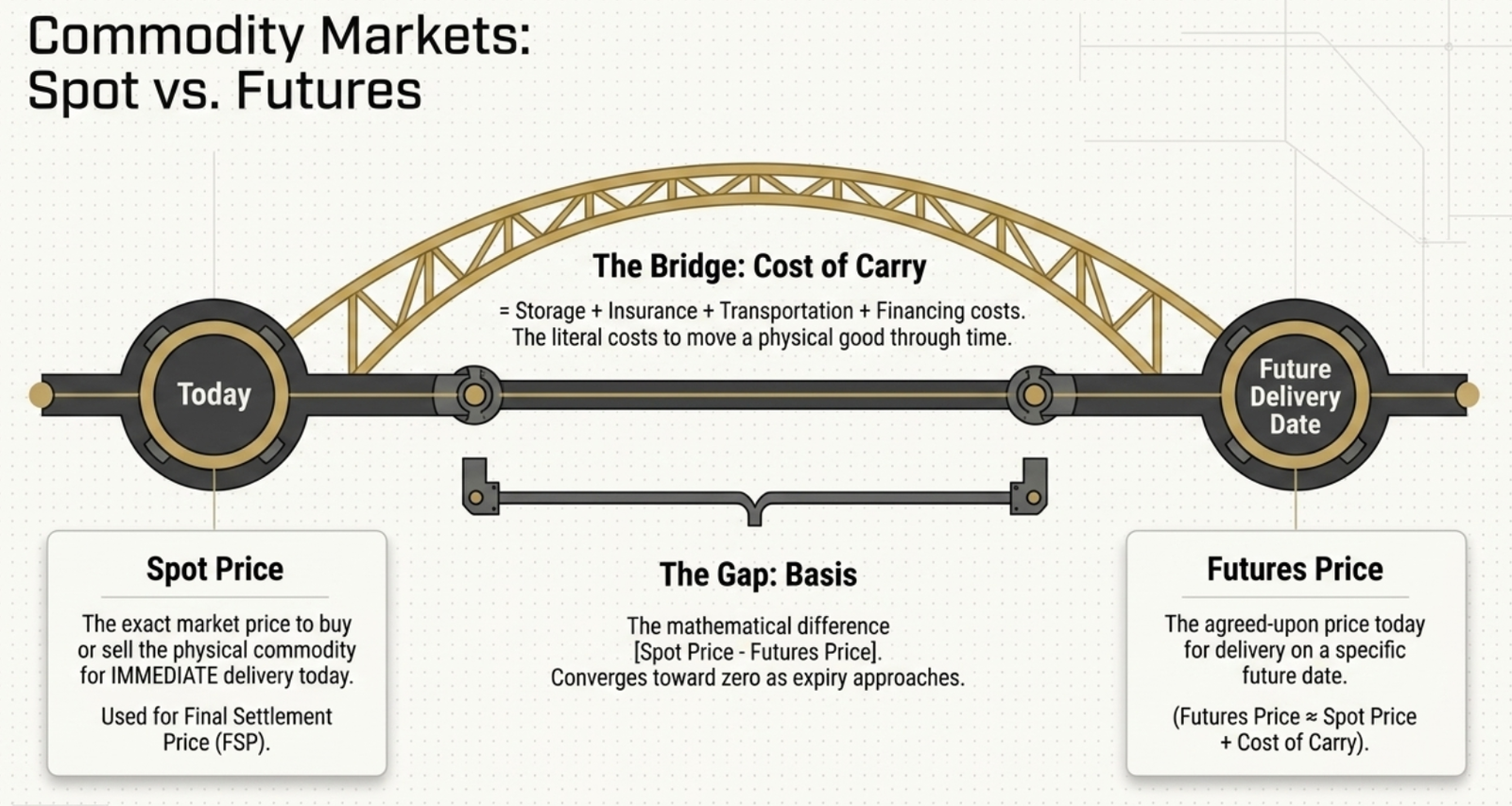Commodity Markets: Spot vs Futures β bridge diagram showing Cost of Carry connecting today's spot price to future delivery price
