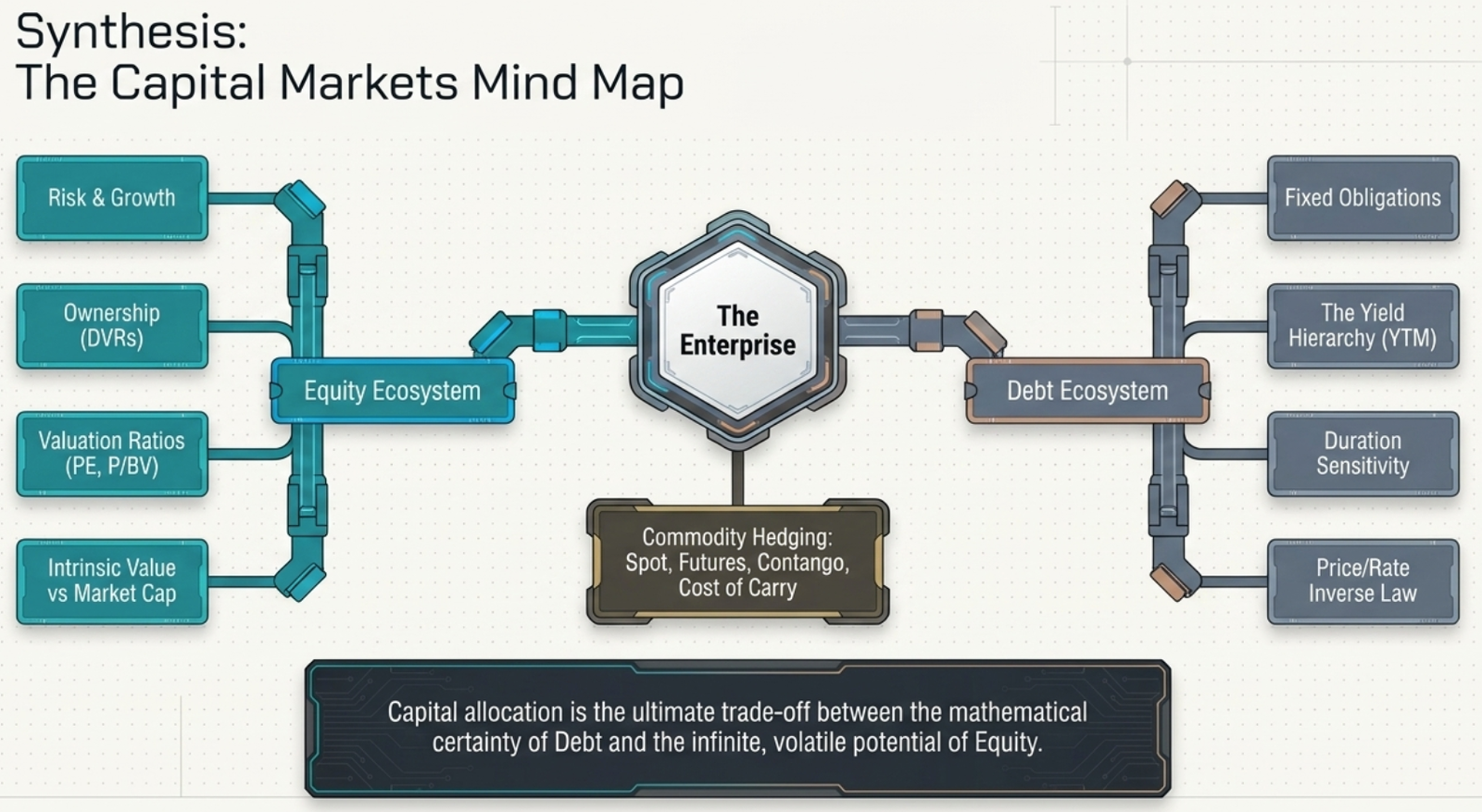 Synthesis: The Capital Markets Mind Map β enterprise at centre, equity ecosystem left, debt ecosystem right, commodity hedging below