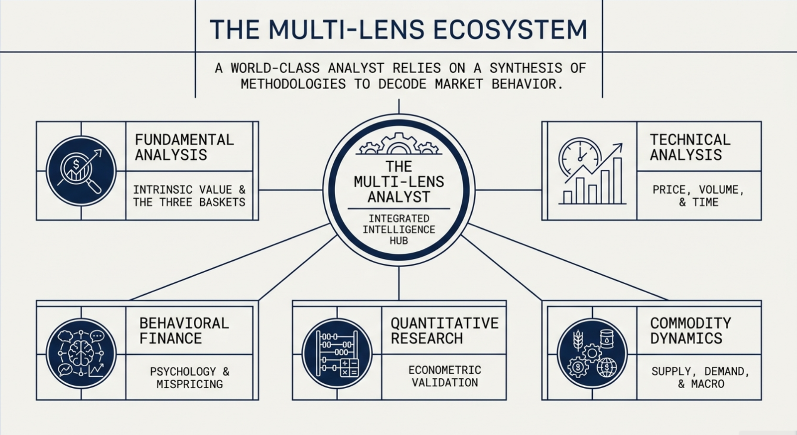 The Multi-Lens Ecosystem β Fundamental Analysis, Technical Analysis, Behavioral Finance, Quantitative Research, and Commodity Dynamics all feeding into the Multi-Lens Analyst