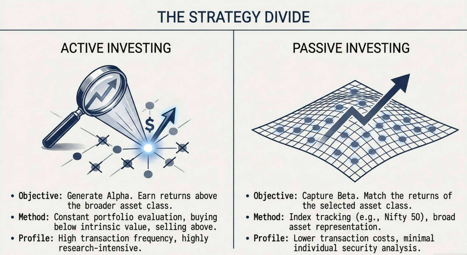 The Strategy Divide β Active Investing (generate Alpha, buy below intrinsic value) vs Passive Investing (capture Beta, index tracking)