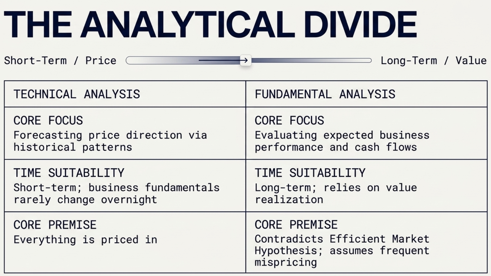 The Analytical Divide β Technical Analysis (short-term, price-in, forecasts patterns) vs Fundamental Analysis (long-term, assumes mispricing, evaluates cash flows)