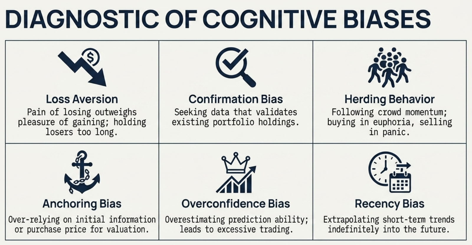 Diagnostic of Cognitive Biases β six biases: Loss Aversion, Confirmation Bias, Herding Behavior, Anchoring Bias, Overconfidence Bias, Recency Bias